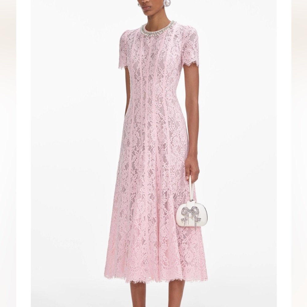 Feminine Pink Lace Midi Dress with Jewel Neck